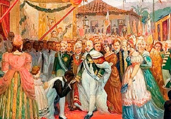 Pintura que simboliza a chegada da Família Real Portuguesa no Brasil.