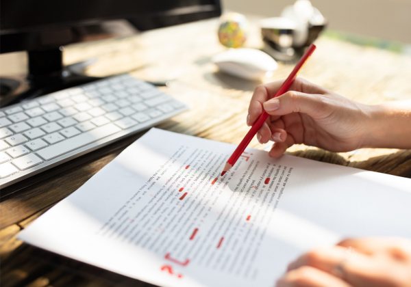 Foto de uma mesa, contendo um teclado e uma folha de papel com um texto impresso. Um par de mãos grifa, de vermelho, trechos do texto.