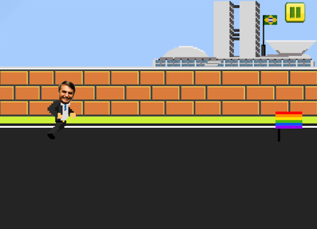 Ilustração de um jogo digital com a imagem de Bolsonaro em frente à Esplanada dos Ministérios. A ilustração é em arte pixelizada. No canto inferior direito, há uma bandeira do orgulho LGBTQ+