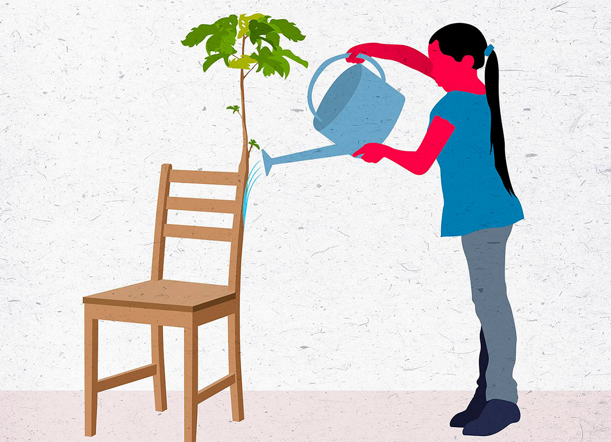 Ilustração de uma garota com um regador nas mãos. Ela rega uma planta que nasce no encosto de uma cadeira feita de madeira
