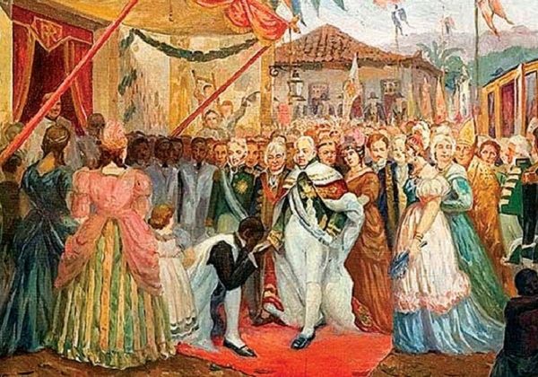 Pintura que ilustra a chegada da Família Real Portuguesa ao Brasil.