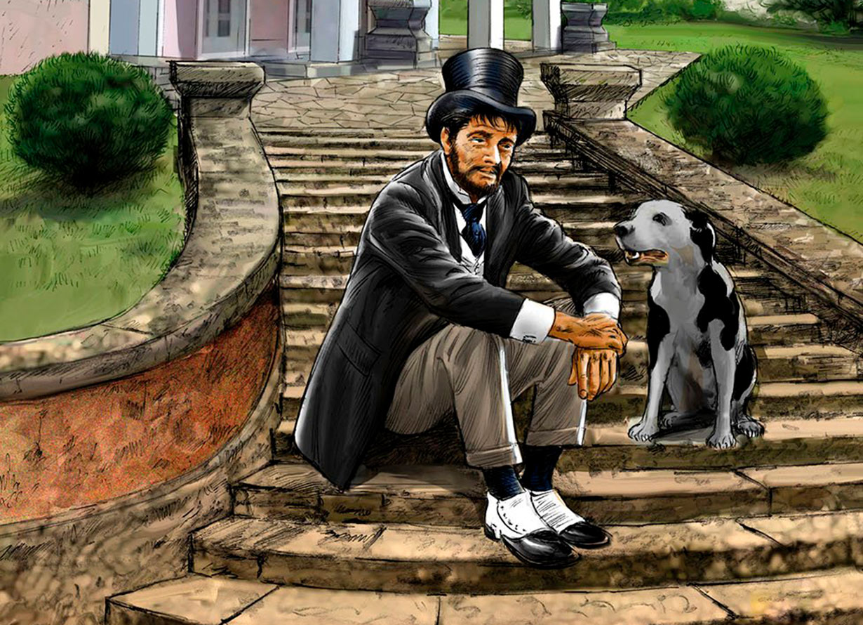 Ilustração com um homem de cartola, gravata e paletó sentado em uma escadaria, ao lado dele há um cachorro branco e preto