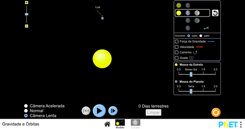 Print da tela do Objeto Virtual de Aprendizagem (OVA) Gravidade e órbitas, desenvolvido pela PhET Interactive Simulations