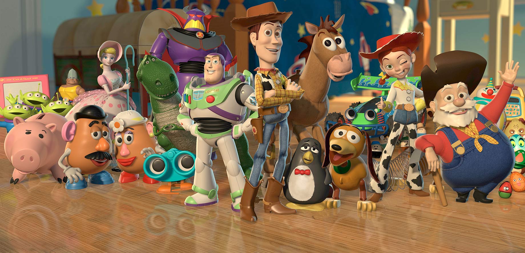 Poster com personagens da animação Toy Story: brinquedos diversos incluindo um cowboy e um patrulheiro espacial