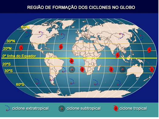 regiões de formação dos ciclones no Globo