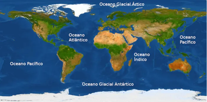 mapa com os cinco oceanos da Terra