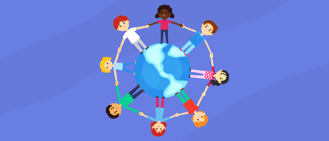Imagem vetorizada de um grupo de crianças de mãos dadas em pé, rodeando o globo terrestre. 