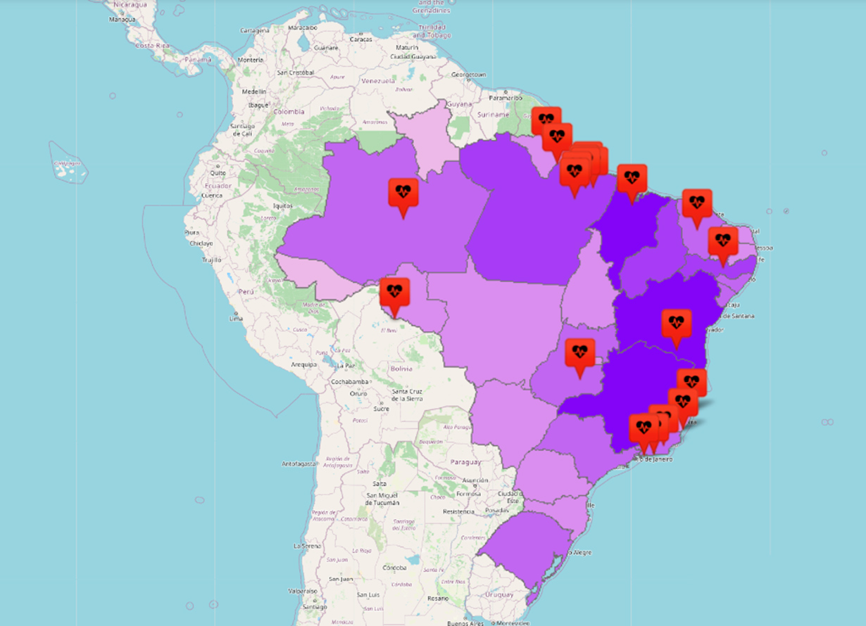 Mapa da América Latina destacando o Brasil em tons de roxo. Alguns estados do país tem um balão de notificação, com um coração dentro.